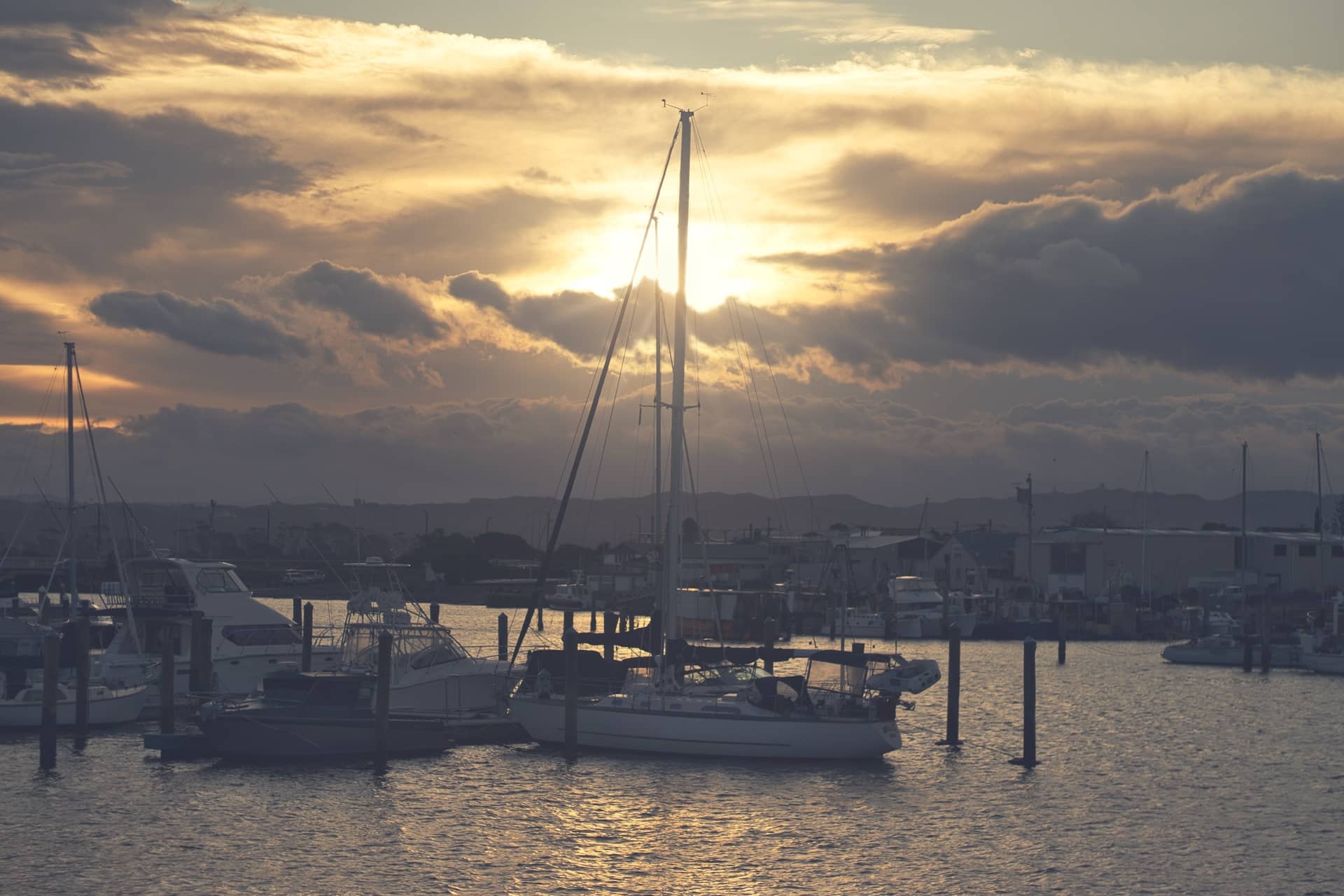 Photo of yachts in a harbour at sunset.